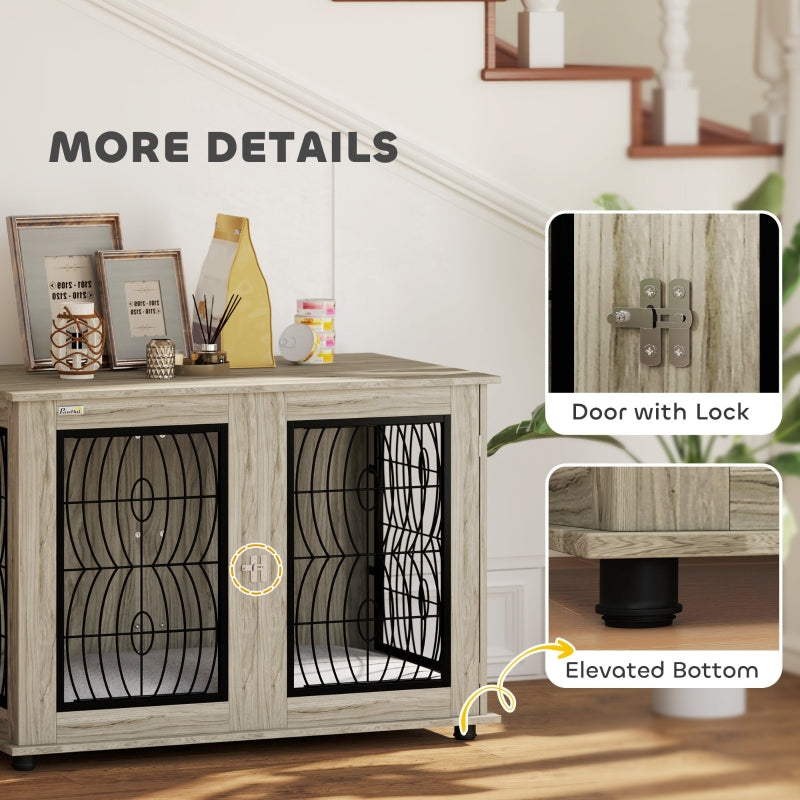 PawHut Indoor Dog Crate Furniture End Table with Cushion, Lockable Door, for Extra Large Dogs - Grey