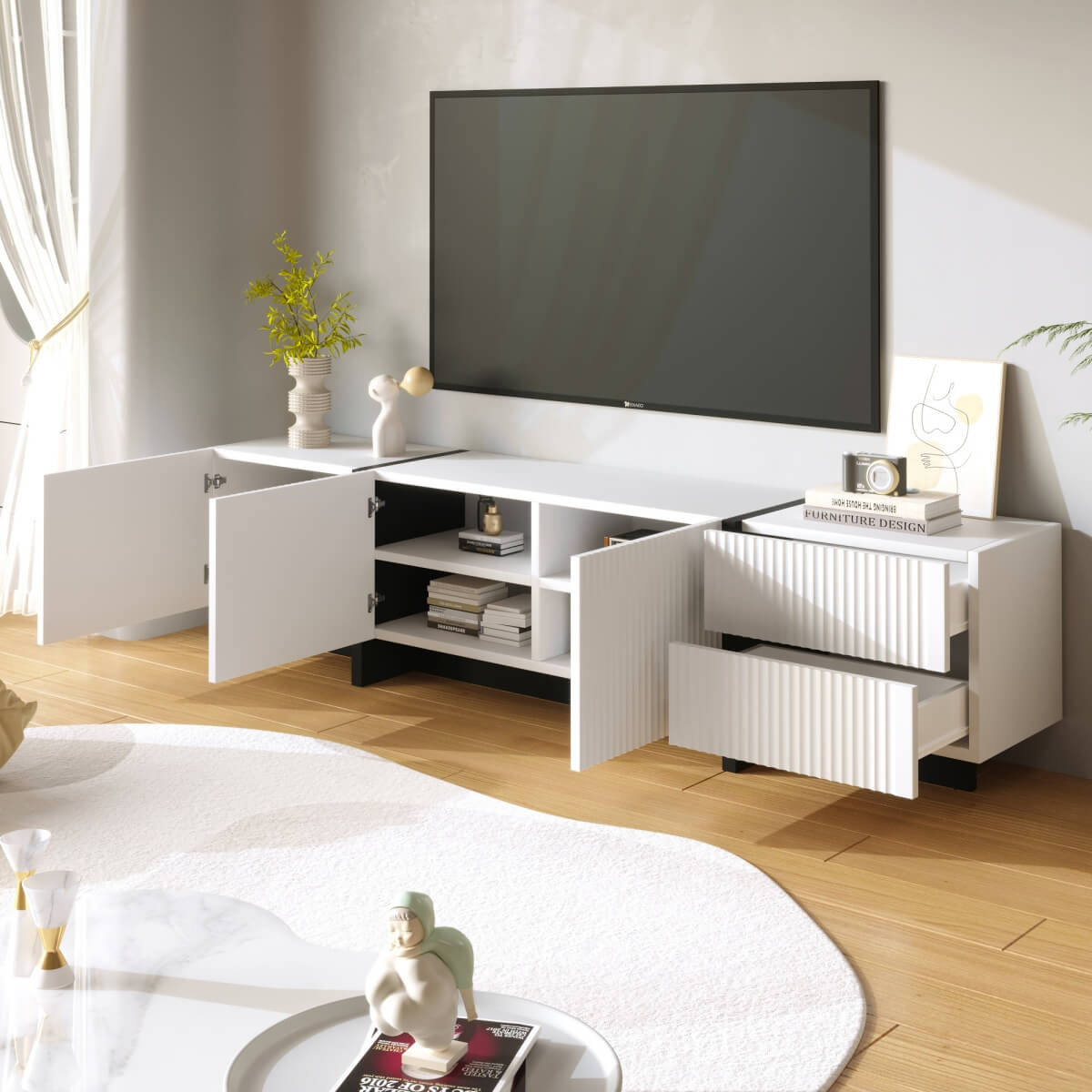 Modern Black and White TV Unit – 190cm TV Stand with 3 Doors and 2 Drawers