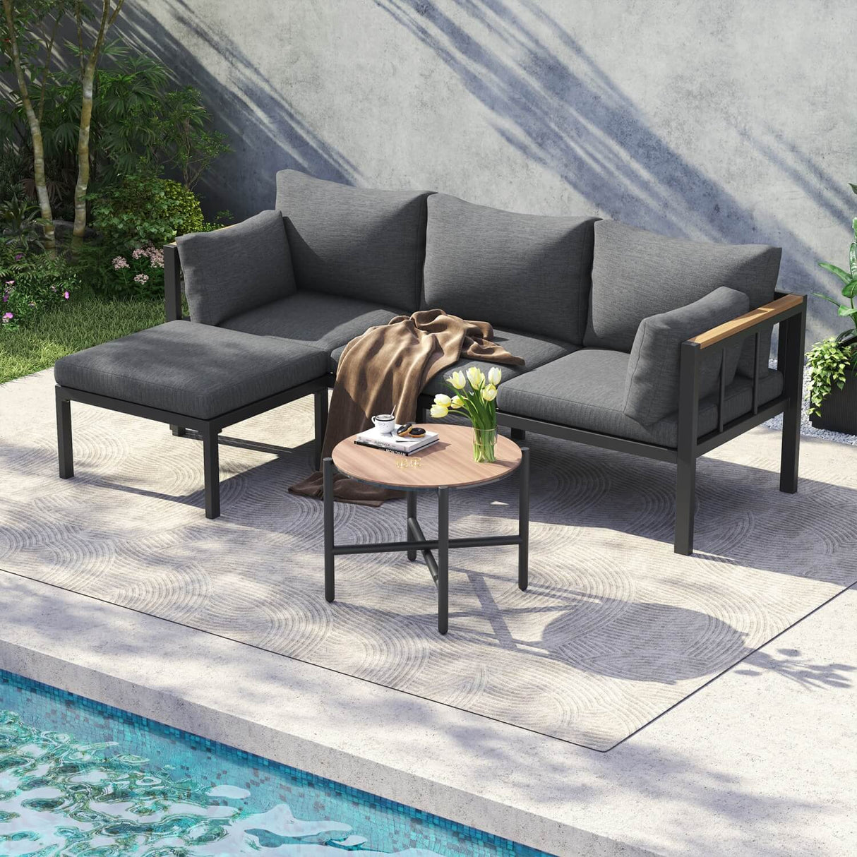 Garden Corner Sofa Set – Outdoor Lounge with Coffee Table and Footstool