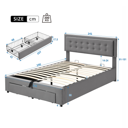 Upholstered Bed, 4ft6 Double (135x190cm) with Large Storage Space, Slats & Headboard, Grey Velvet