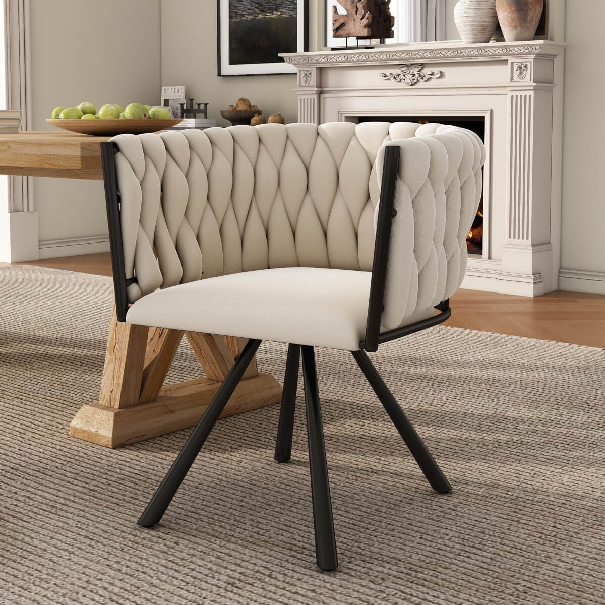 Velvet Swivel Dining Chair - Upholstered Armchair for Living Room, Beige