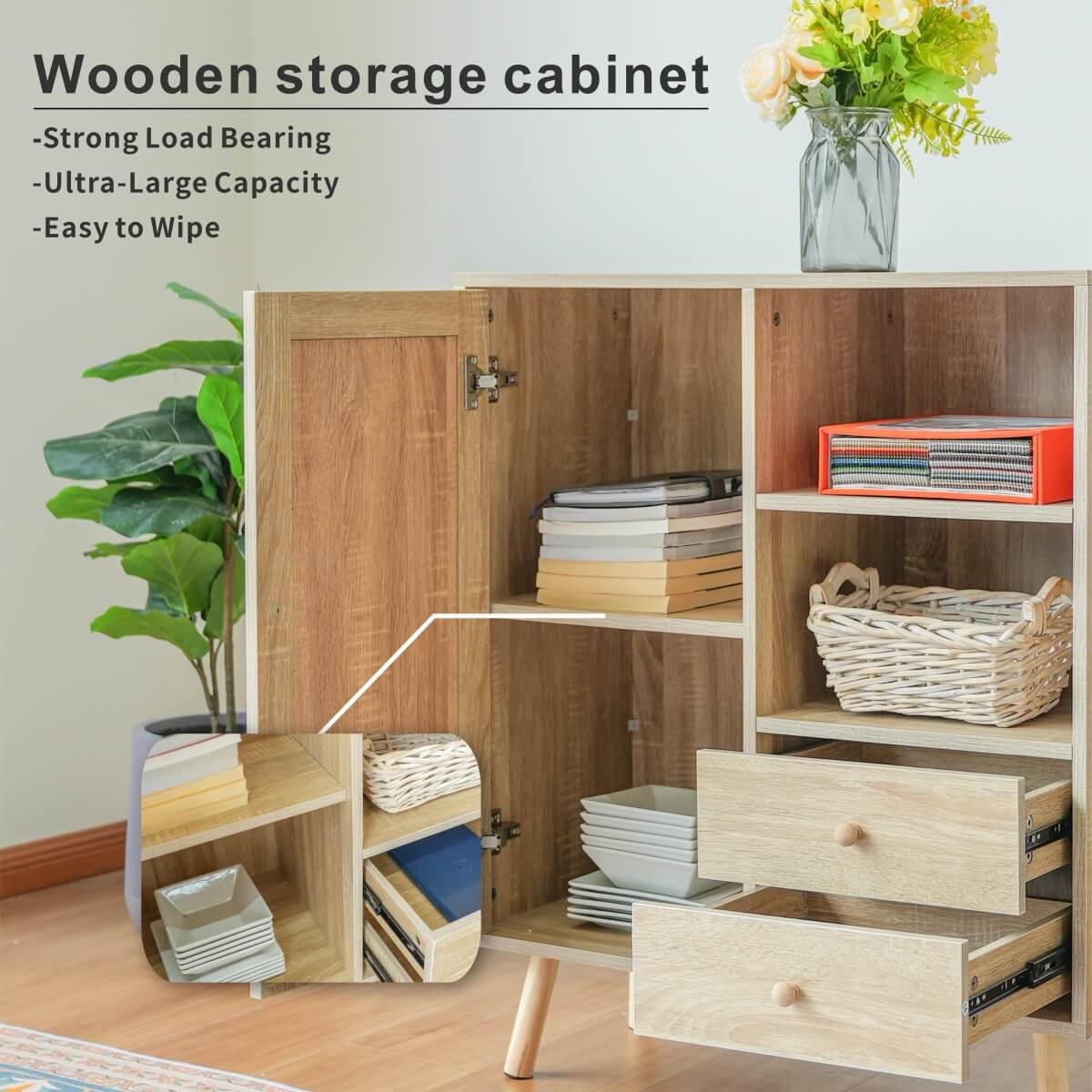 Solid Wood Storage Cupboard with 1 Door & 2 Drawers - Freestanding Cabinet