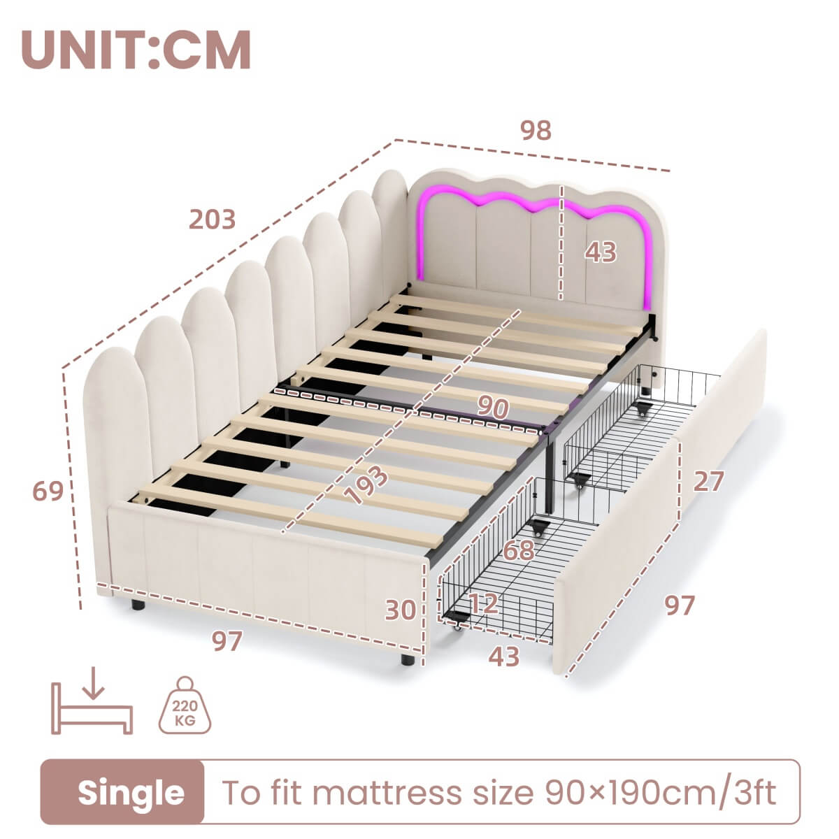 3ft Single Velvet Daybed - RGB LED Lights, 2 Storage Drawers, Scalloped Backrest, Beige