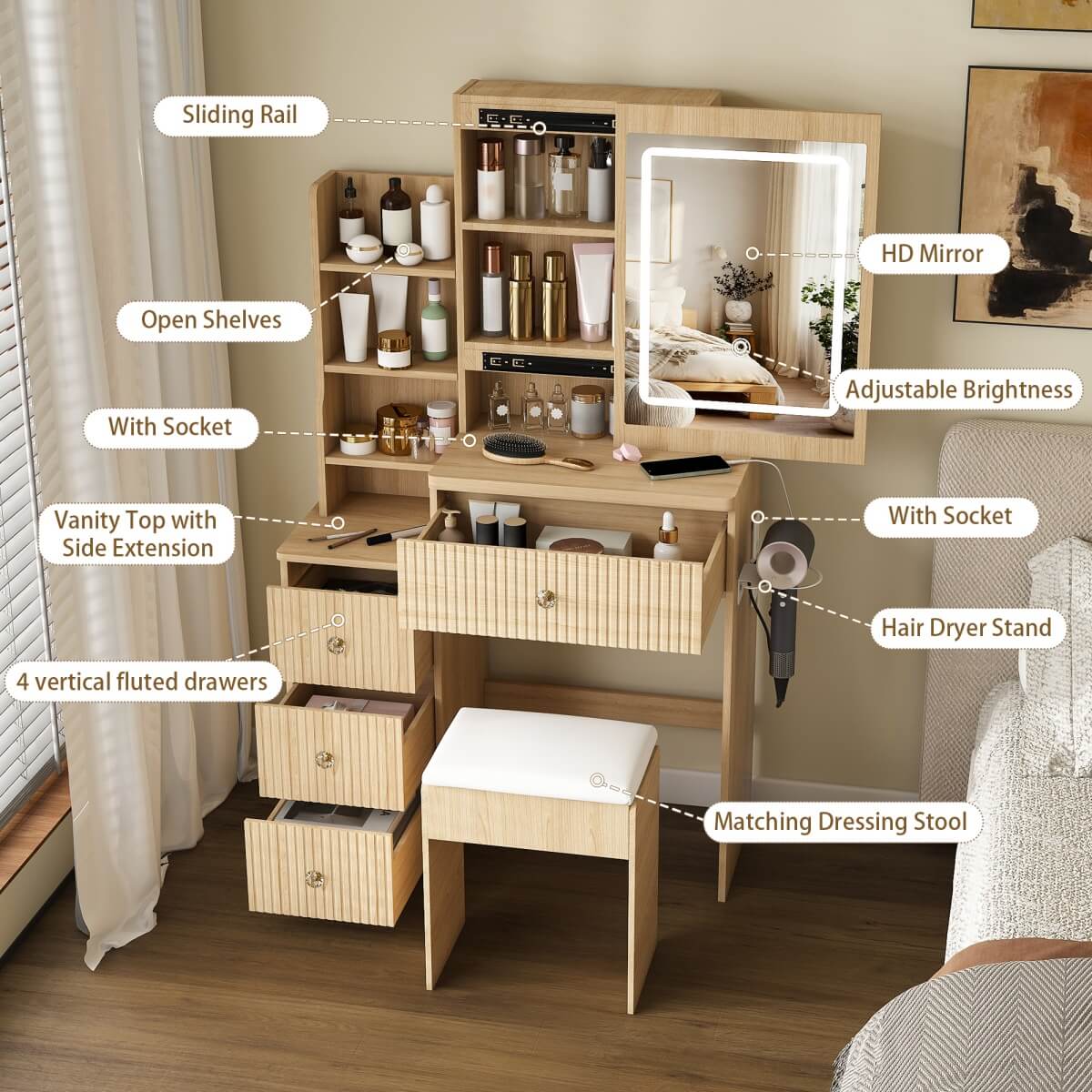 Modern Makeup Vanity Desk - 3-Mode Adjustable LED Lights, 4 Drawers, Open Storage Shelves, Hair Dryer Holder, Power Socket & Dressing Stool, Natural