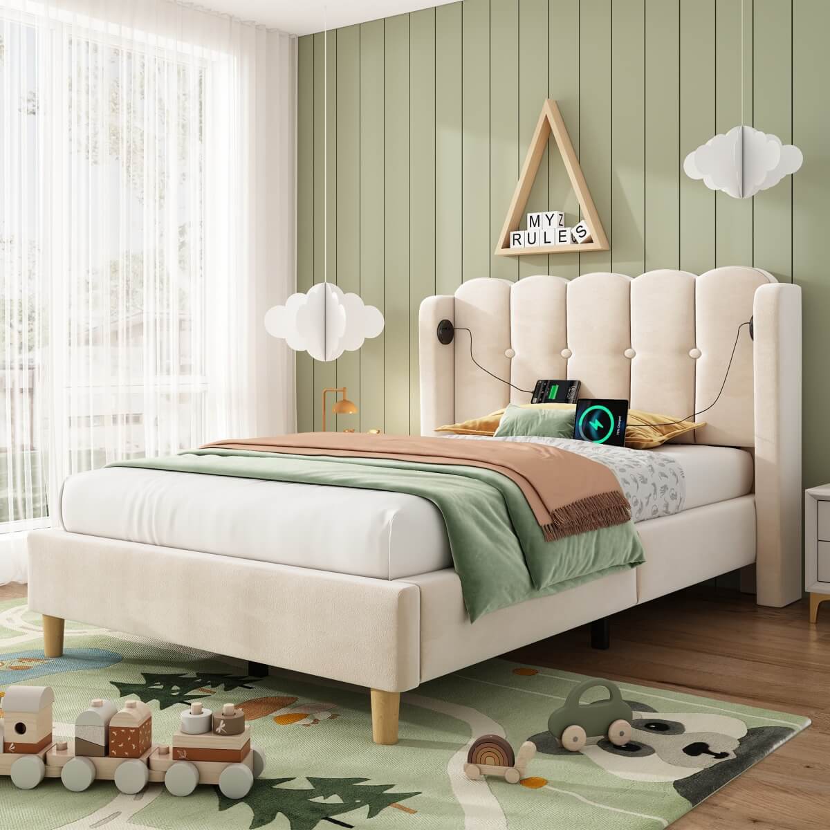 3ft Single Upholstered Bed - Velvet Bed Frame with USB & Type-C Charging, Wooden Slats, Beige