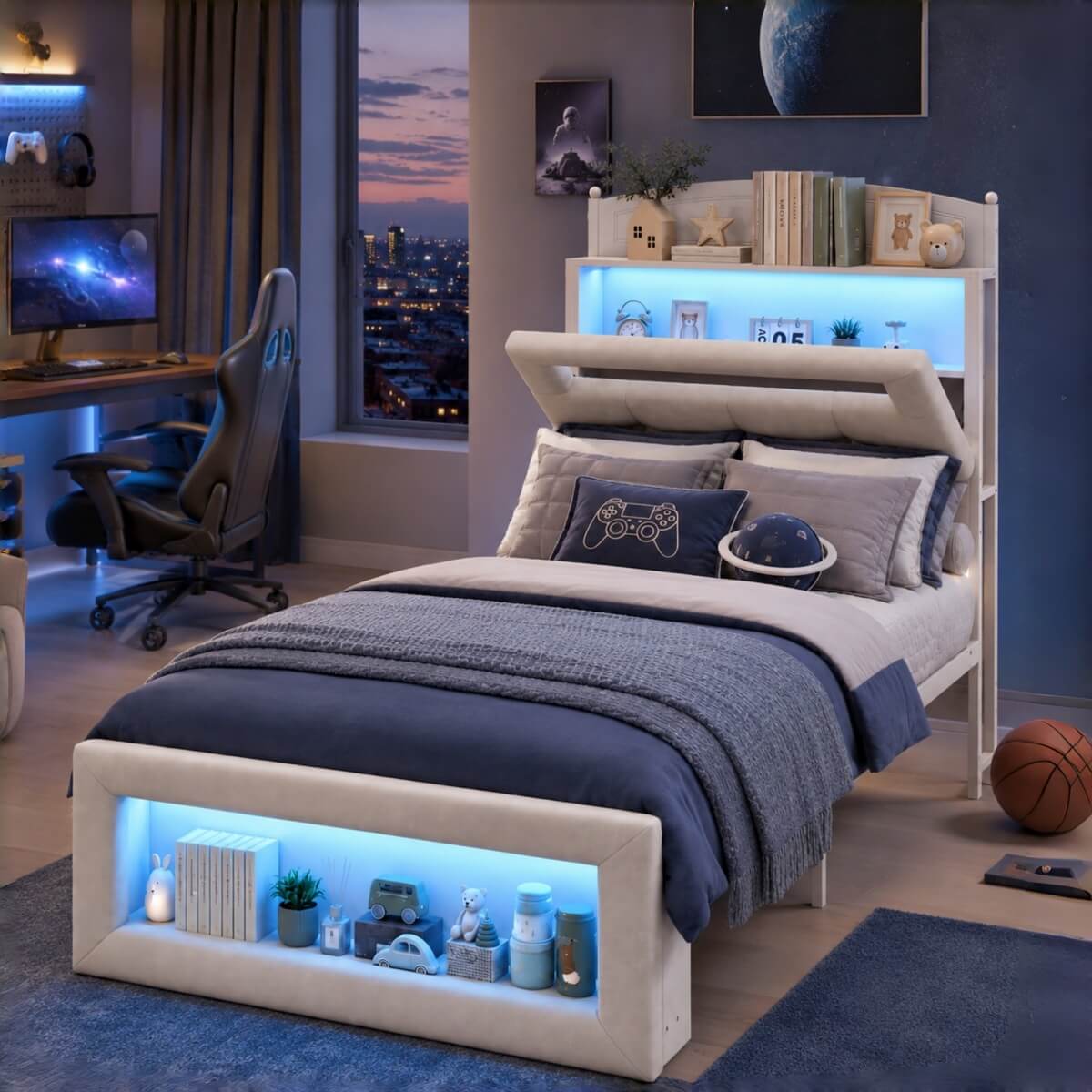 3ft Single Upholstered Storage Bed with LED Lights - Storage Headboard and Footboard, Velvet, Cream White