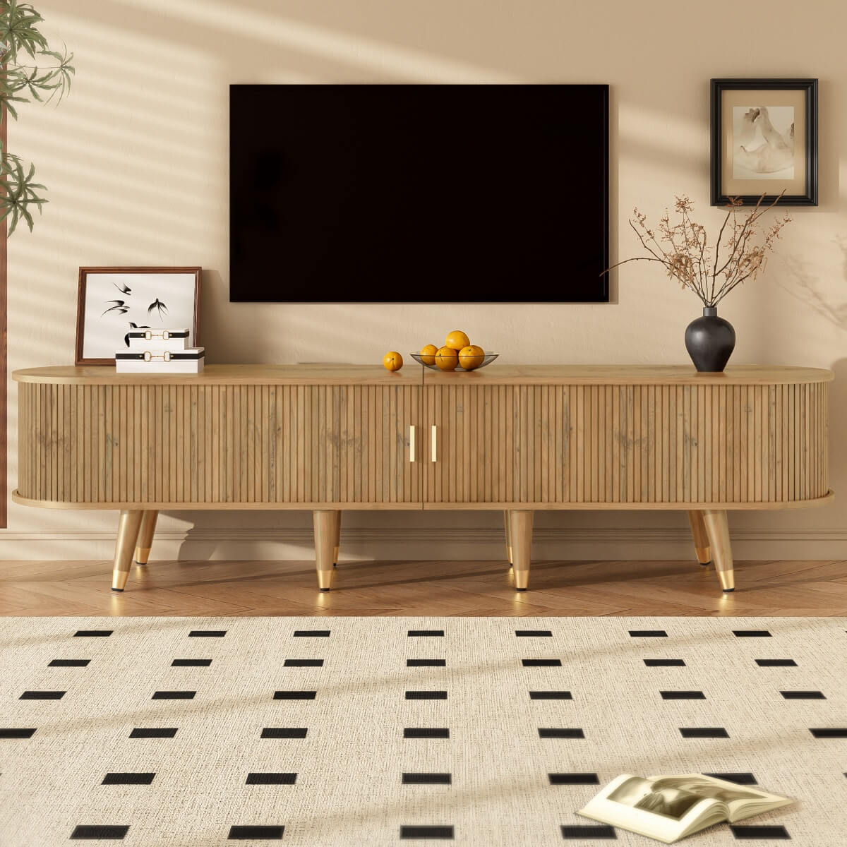 Modern TV Cabinet with Sliding Doors - Low TV Stand with Unique Design & Storage