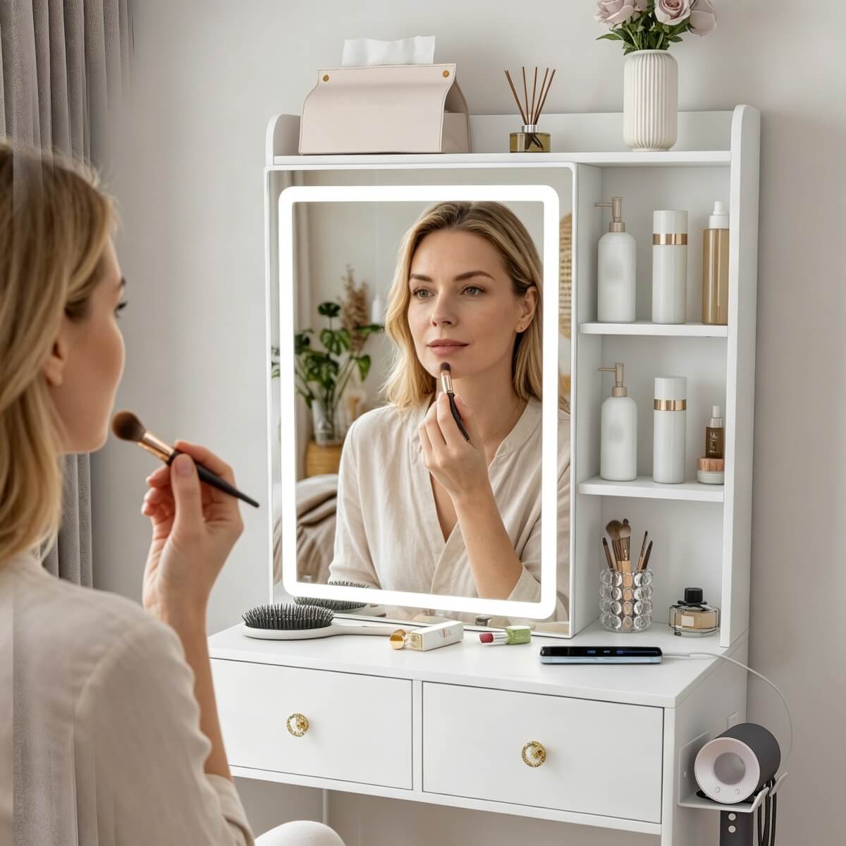 Small Makeup Vanity Desk with Mirror - Adjustable LED Lights, Power Socket, Hair Dryer Holder, Storage Rack & Padded Stool, White