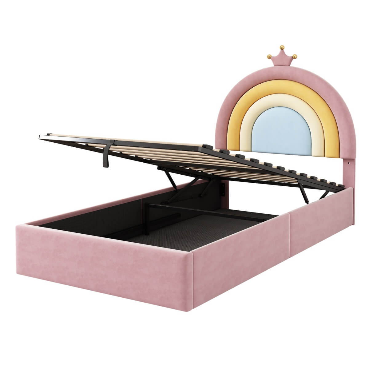 3ft Single Upholstered Storage Bed - Velvet Hydraulic Bed Frame with Rainbow Crown Headboard, Pink