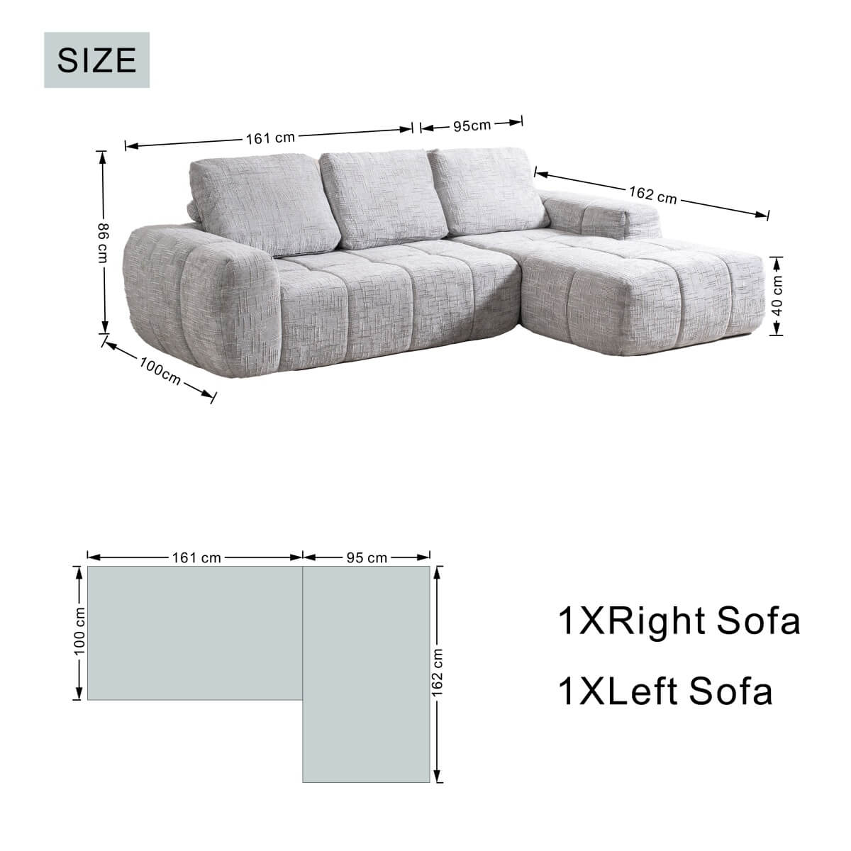 SOFTY Compressed Sectional Sofa with Chaise (Textured Line Design)
