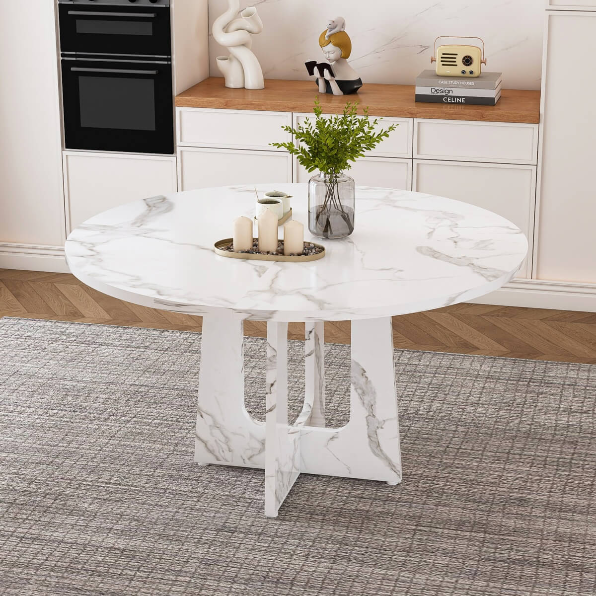 Round Dining Table for 4 - 47 Inch Farmhouse Kitchen Table with Wood Grain Finish, Circular Dining Table for Dining Room & Kitchen, White