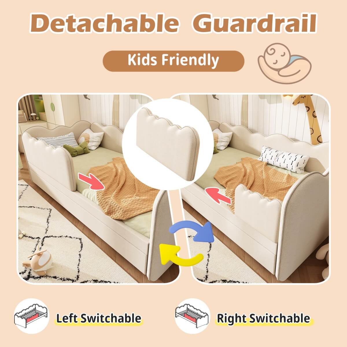 3ft Single Upholstered Daybed with Pull-Out Trundle - Linen Beige Bed