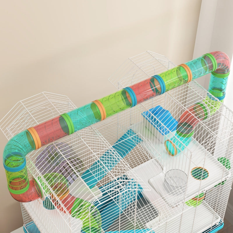 4 Tier Hamster Cage with Tubes, Exercise Wheel, Hut, Water Bottle, Food Dish, Ramps - Light Blue