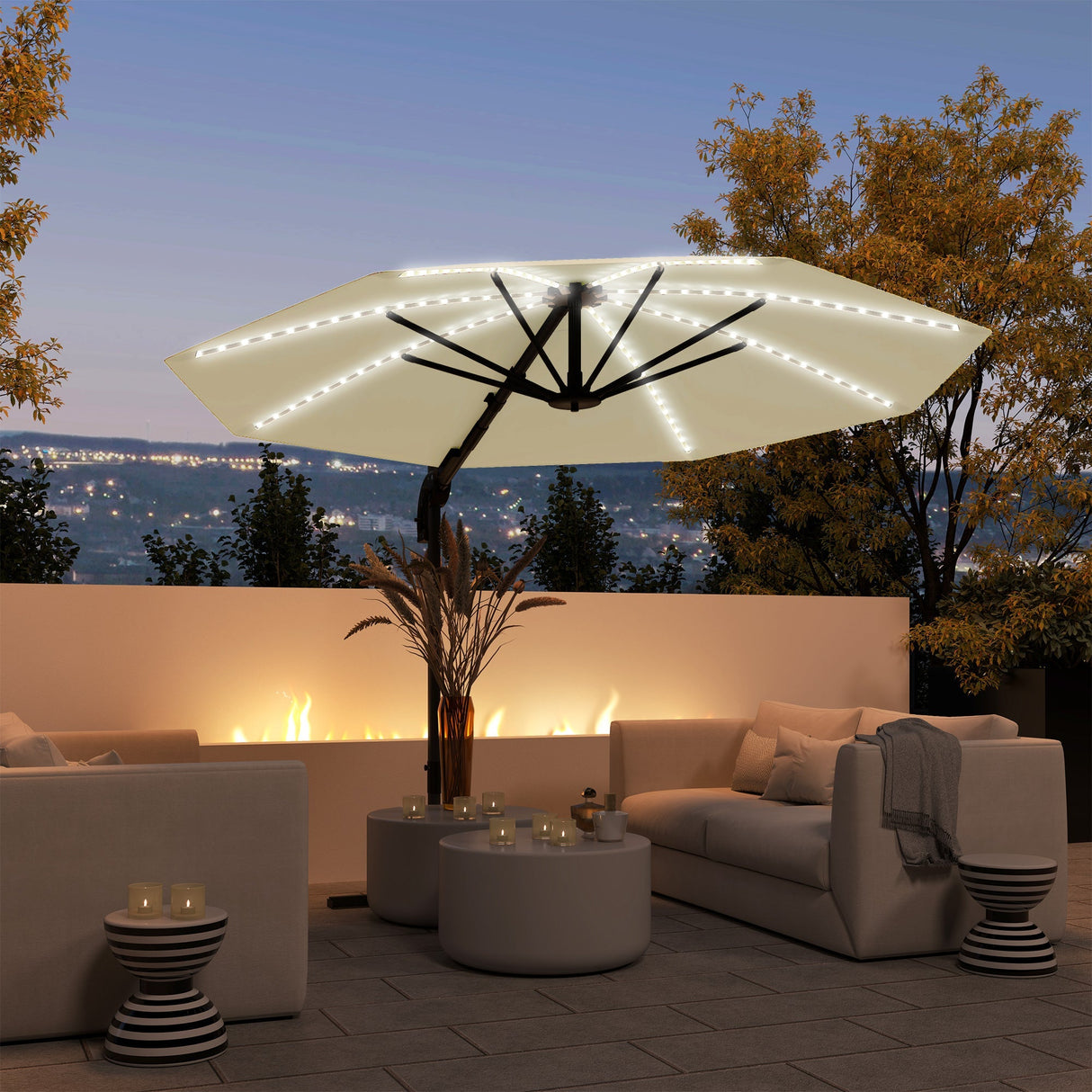 Cantilever Garden Parasol with Solar Lights, 360?? Rotation, Cream
