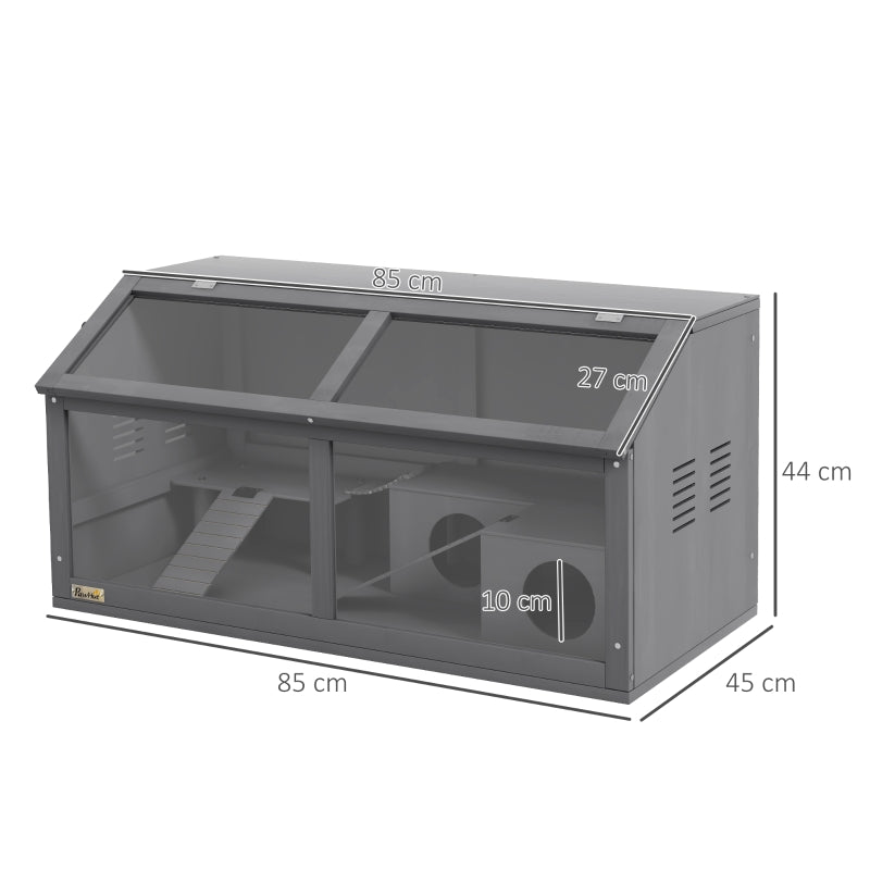 Hamster Cage, Small Animal Cage for Gerbils and Mice with Suspension Bridge and Openable Top, Wooden Grey