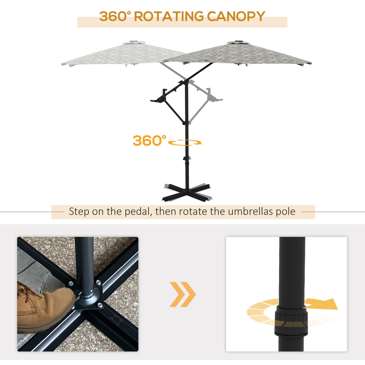 Convertible Cantilever Parasol, 3m, 360?? Rotation, Black and White