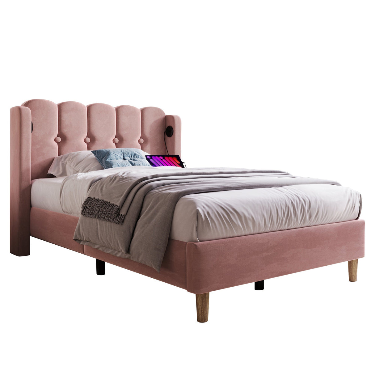 Upholstered Single Bed with USB and Type-C Charging, Pink, Velvet Material