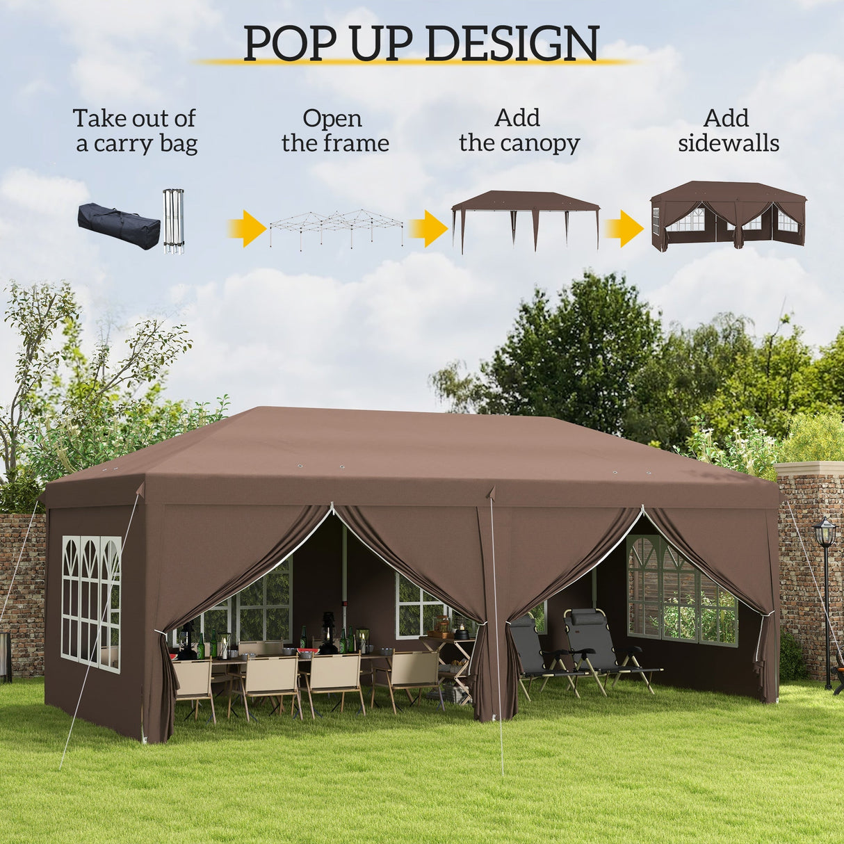 Pop Up Gazebo, 3x6m with Sides and Windows, Brown