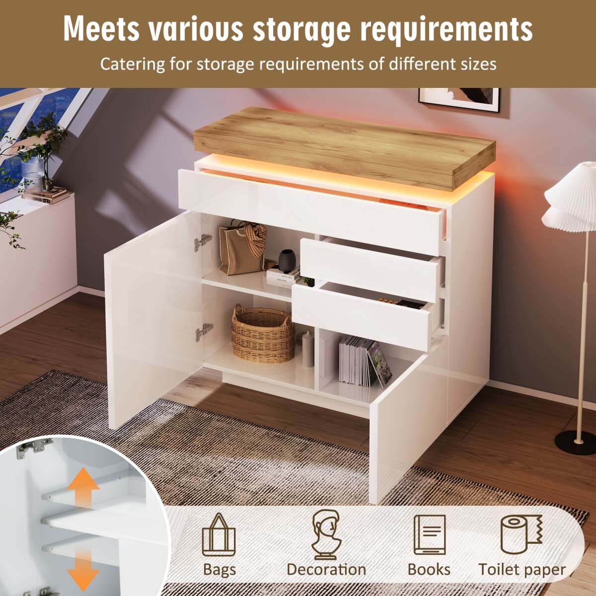 High Gloss Sideboard Cabinet with 2 Doors & 3 Drawers - RGB LED Storage Chest of Drawers for Living Room & Bedroom, White