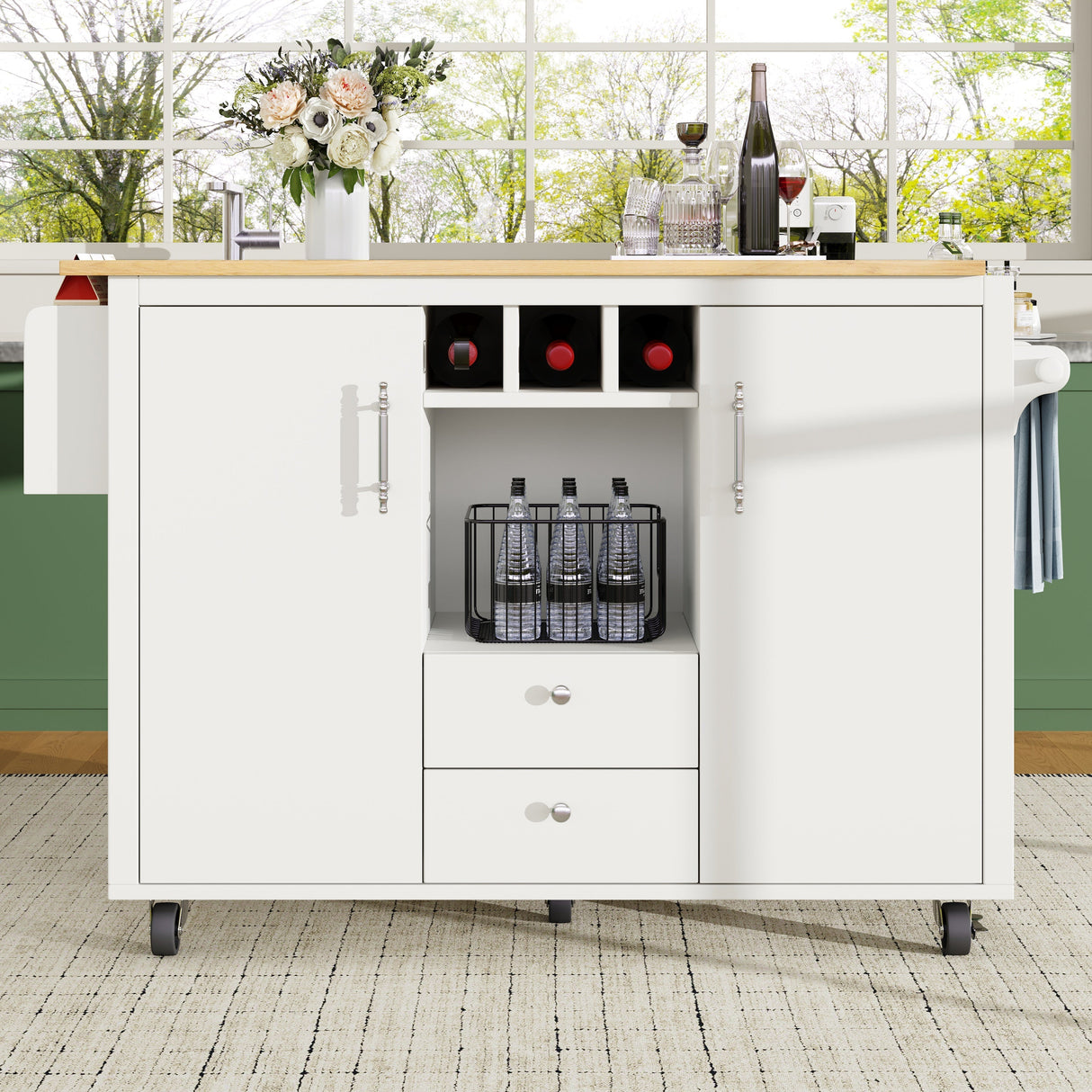 Kitchen cart, buffet cabinet, kitchen trolley with folding worktop, Kitchen island with towel rack and spice rack, wine rack and adjustable shelves, white