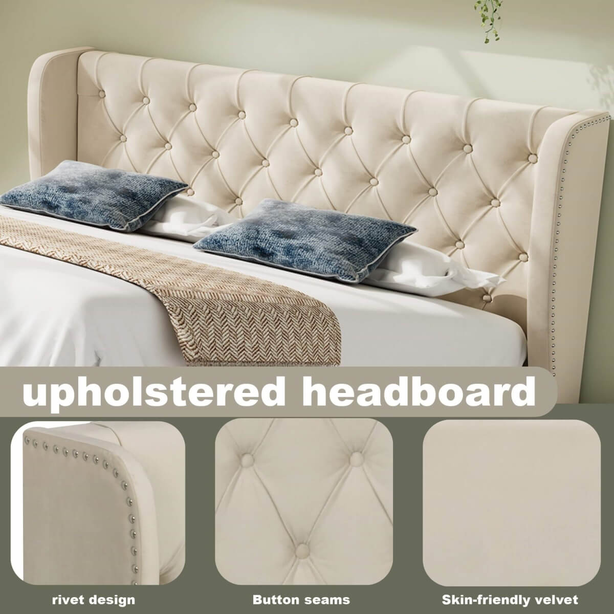 4ft6 Double Velvet Storage Bed with Hydraulic Lift - Upholstered Bed Frame, Beige