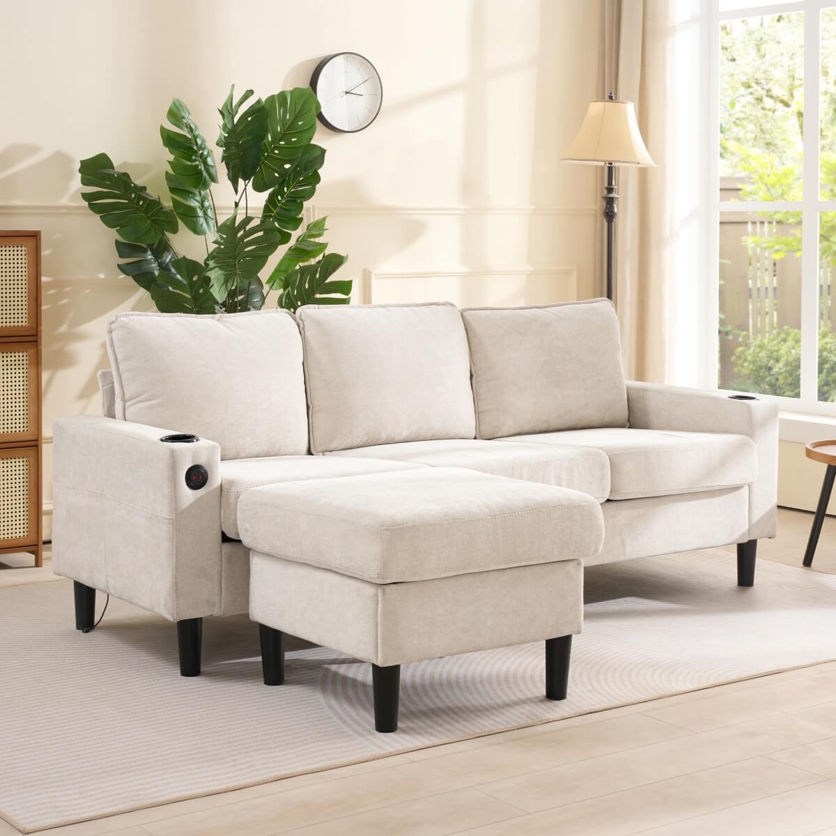L Shaped Corner Sofa - 3 Seater Sectional Couch with USB & Cup Holder, Beige