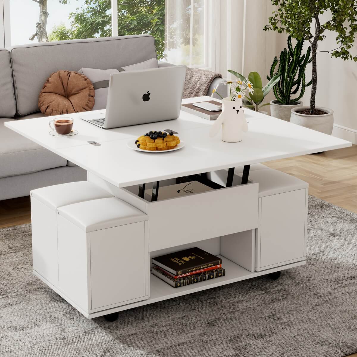 White Lift Top Coffee Table with Storage - Modern Living Room Coffee Table with Hidden Storage Compartment