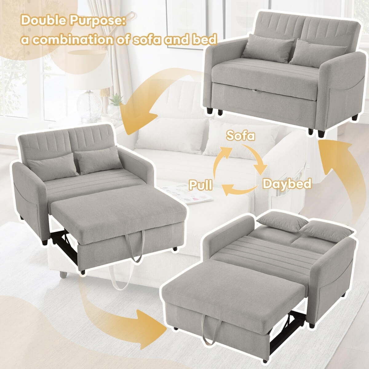 2 Seater Fold-Out Sofa Bed with Sleeping Function - Pull-Out Sleeper Sofa, 3-Level Adjustable Backrest, Cotton Linen Fabric, Light Gray