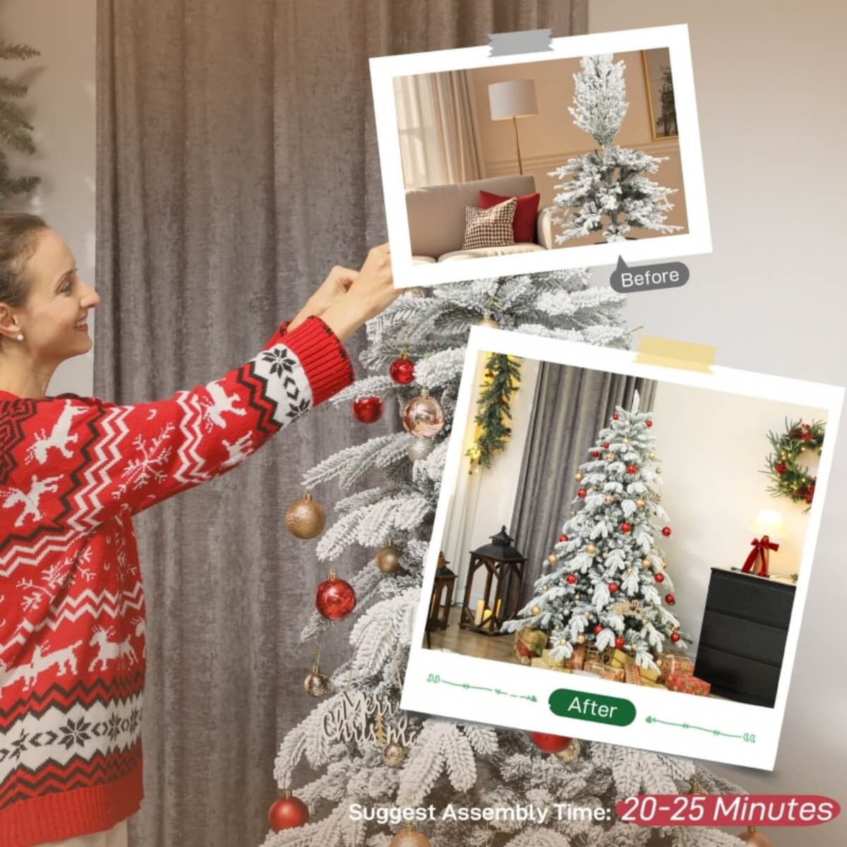 6FT Super Flocked Artificial Christmas Tree - Realistic Snow Effect, Green & White, Folding Metal Base