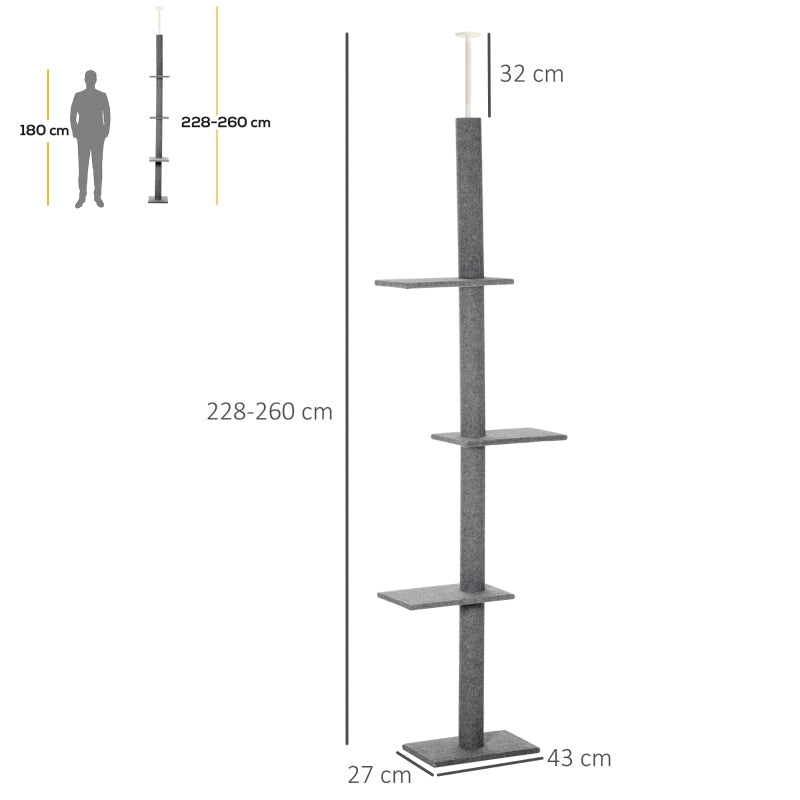 Cat Tree 260cm Floor To Ceiling, Three Platforms Activity Centre - Grey