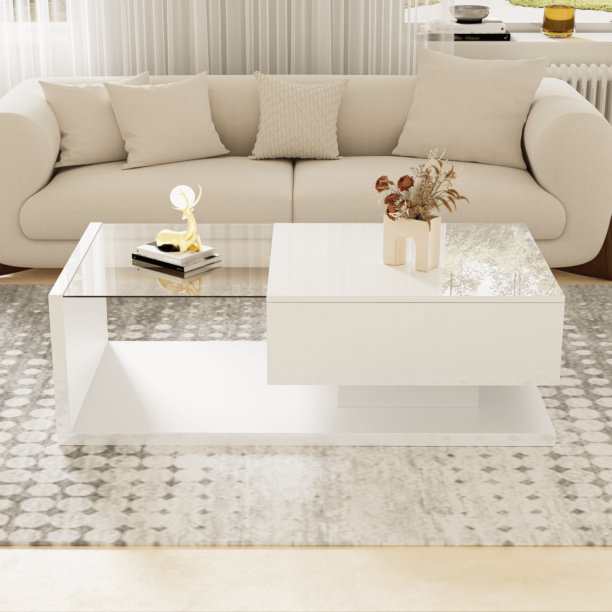High Gloss White Coffee Table with LED Lights - Glass Top Modern Living Room Table