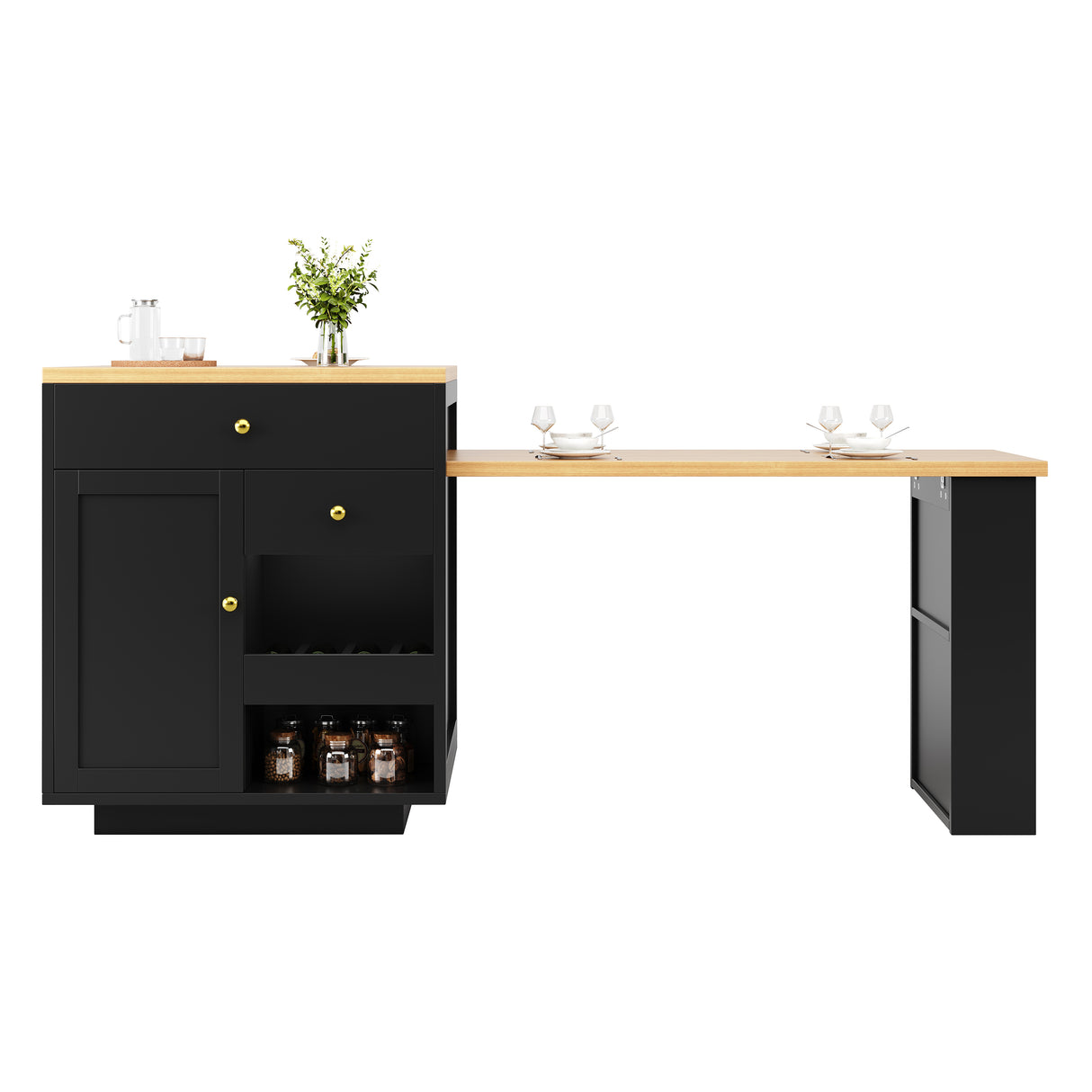 Extendable bar table with storage (122.5-195.57093.8cm), with three drawers and wine rack, kitchen island with extendable table, for 2-6 people, kitchen dining cart with side shelves, black