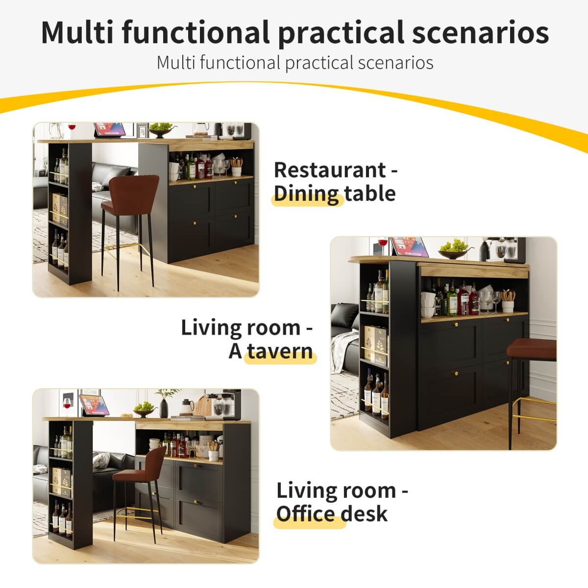 Modern Swivel Bar Table with 4 Drawers - 360-Degree Rotating Design with Open Shelves, Freestanding Dining Table