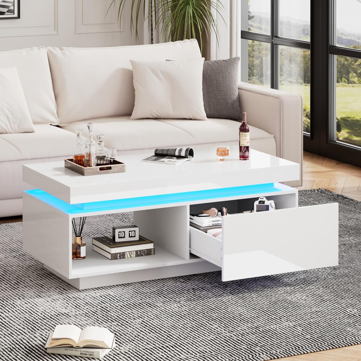 High Gloss Coffee Table – LED RGB Lights, Drawer Storage & Open Shelf, White