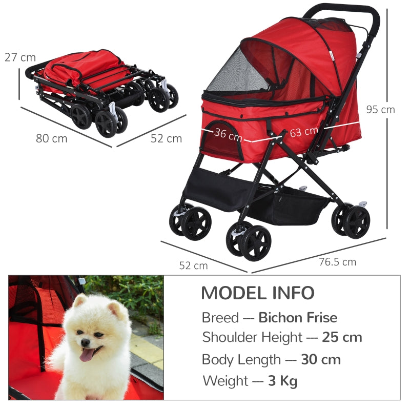 Pet Stroller, Foldable Jogger, Reversible Handle, Red