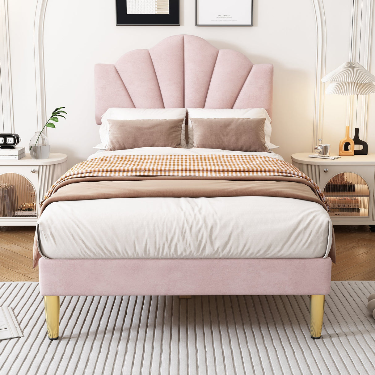 Velvet Upholstered Single Bed - 3ft (90*190cm) with Shell-like Design, Golden Iron Legs, Height-Adjustable Headboard, Wooden Slatted Frame, Pink
