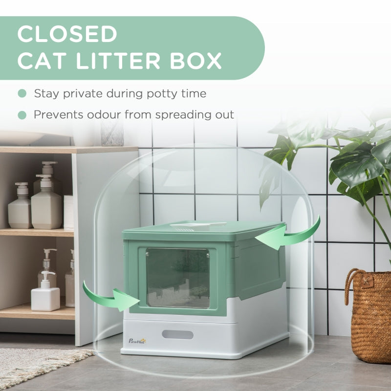 Hooded Cat Litter Box, Portable, with Scoop, Front Entry - Green
