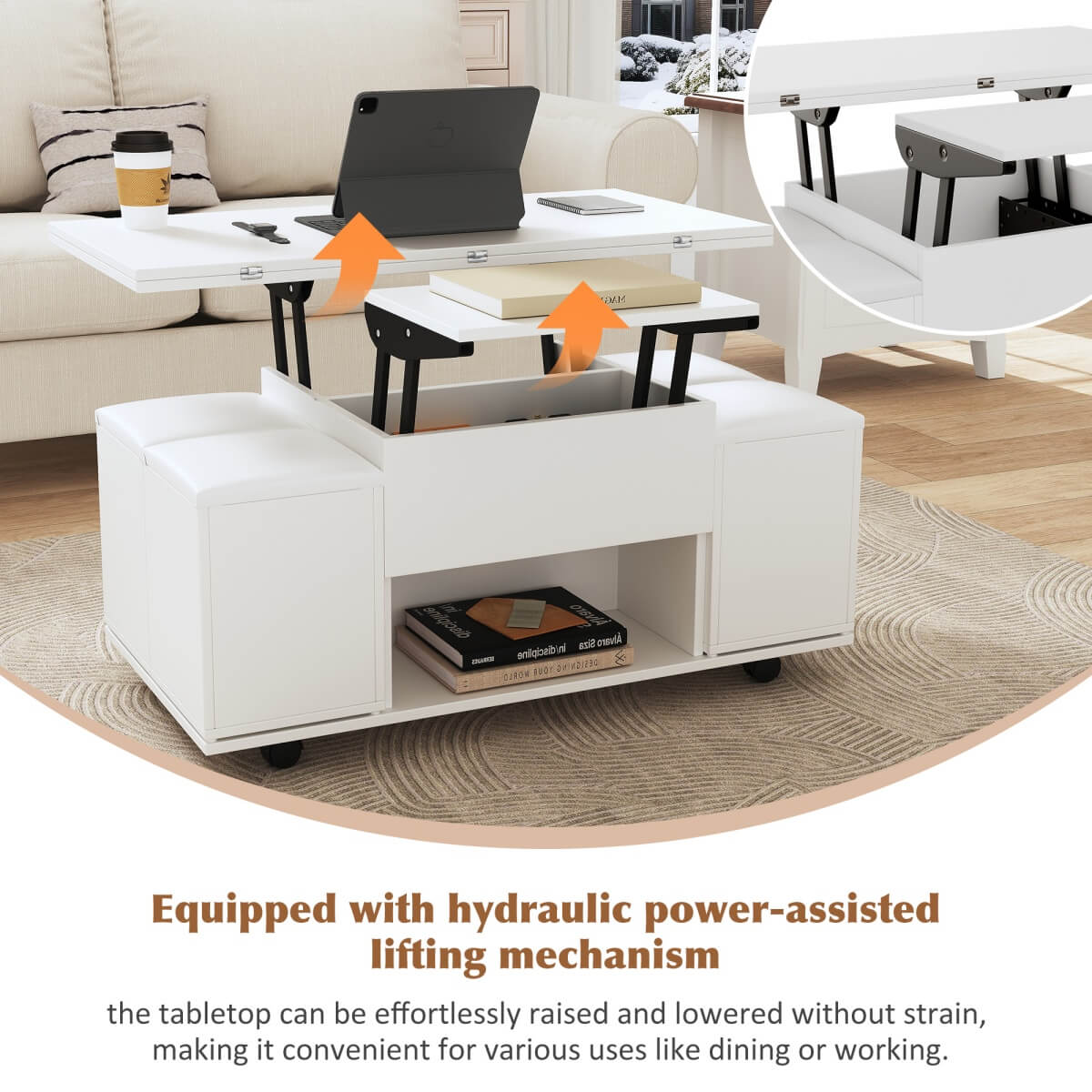White Lift Top Coffee Table with Storage - Modern Living Room Coffee Table with Hidden Storage Compartment