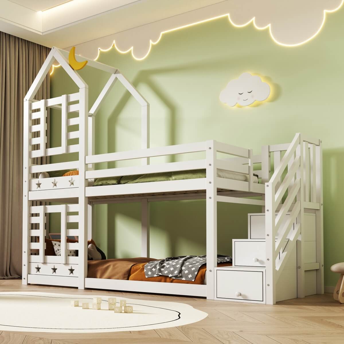 3ft White Wooden Cabin Bunk Bed for Kids - Single Bed with Storage & Window, Pine Wood
