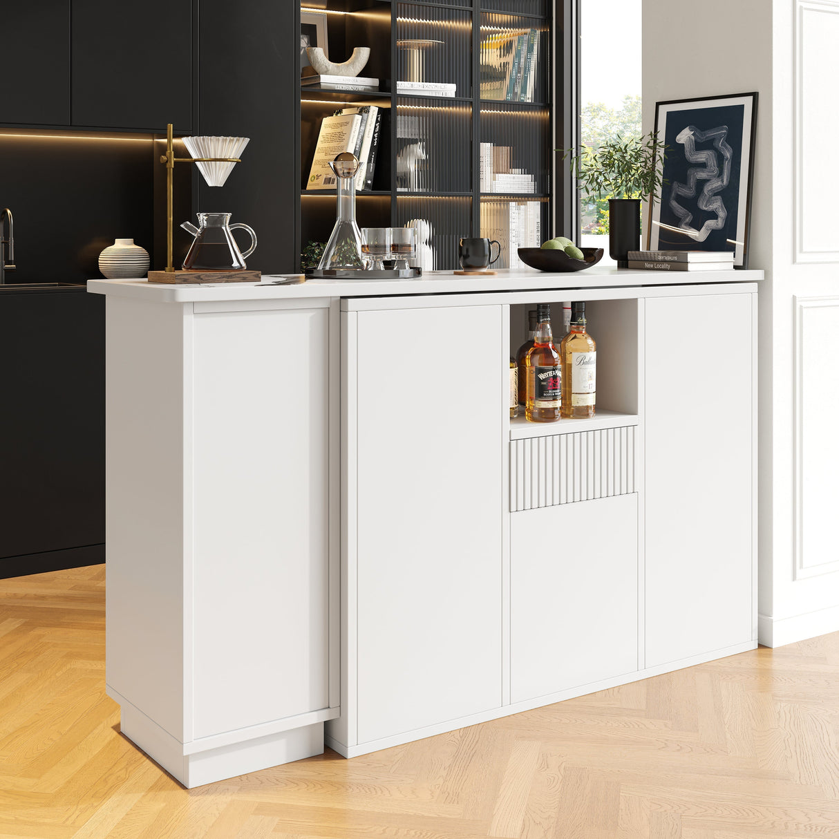 360¡ã swivelling bar table (main body 198.5 x 30 x 75 cm), modern and sleek design, with open storage space and marble worktop, suitable for kitchen, living room and dining room, white