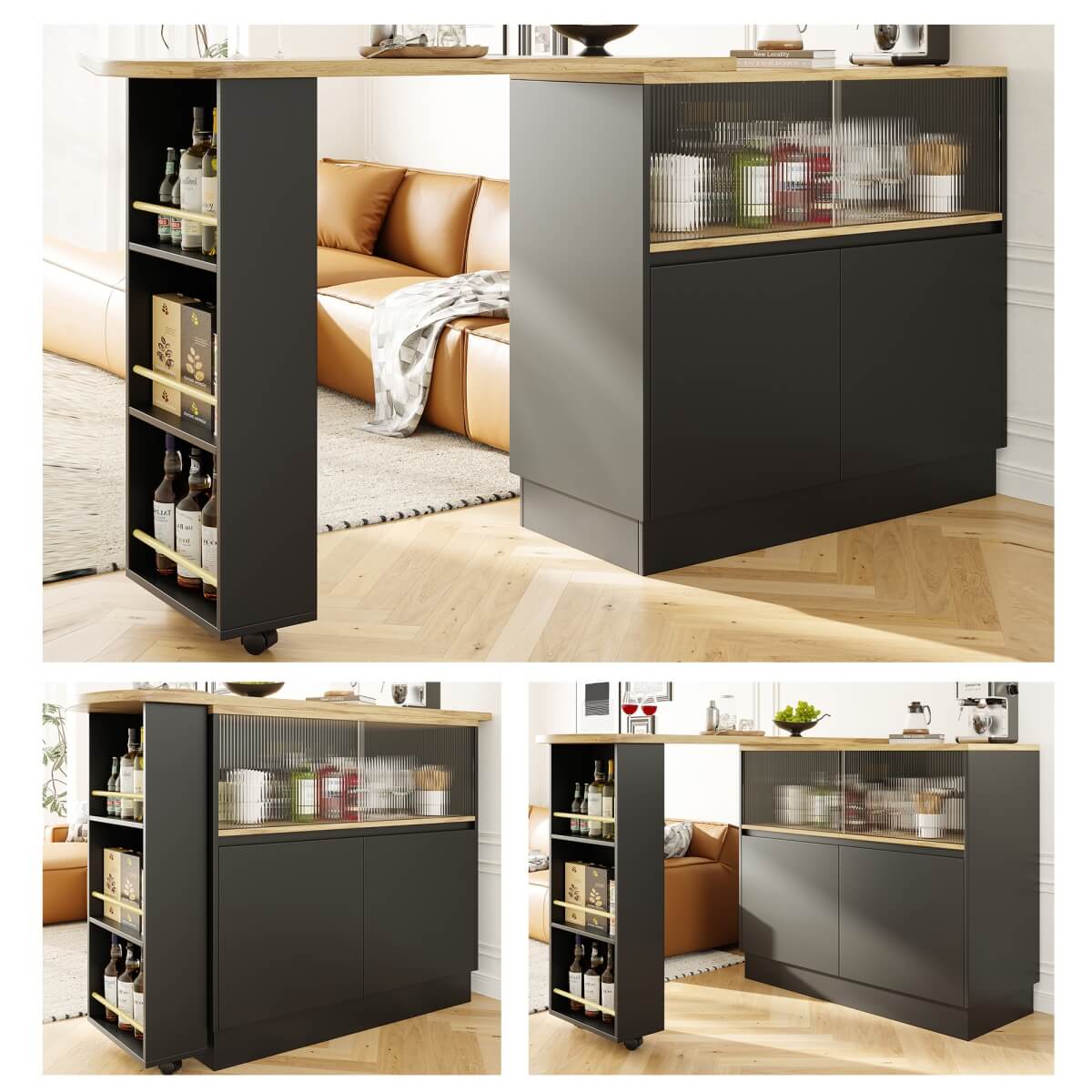 360° Swivel Kitchen Bar Sideboard - Modern Black Multifunctional Storage Cabinet with Glass Shelves