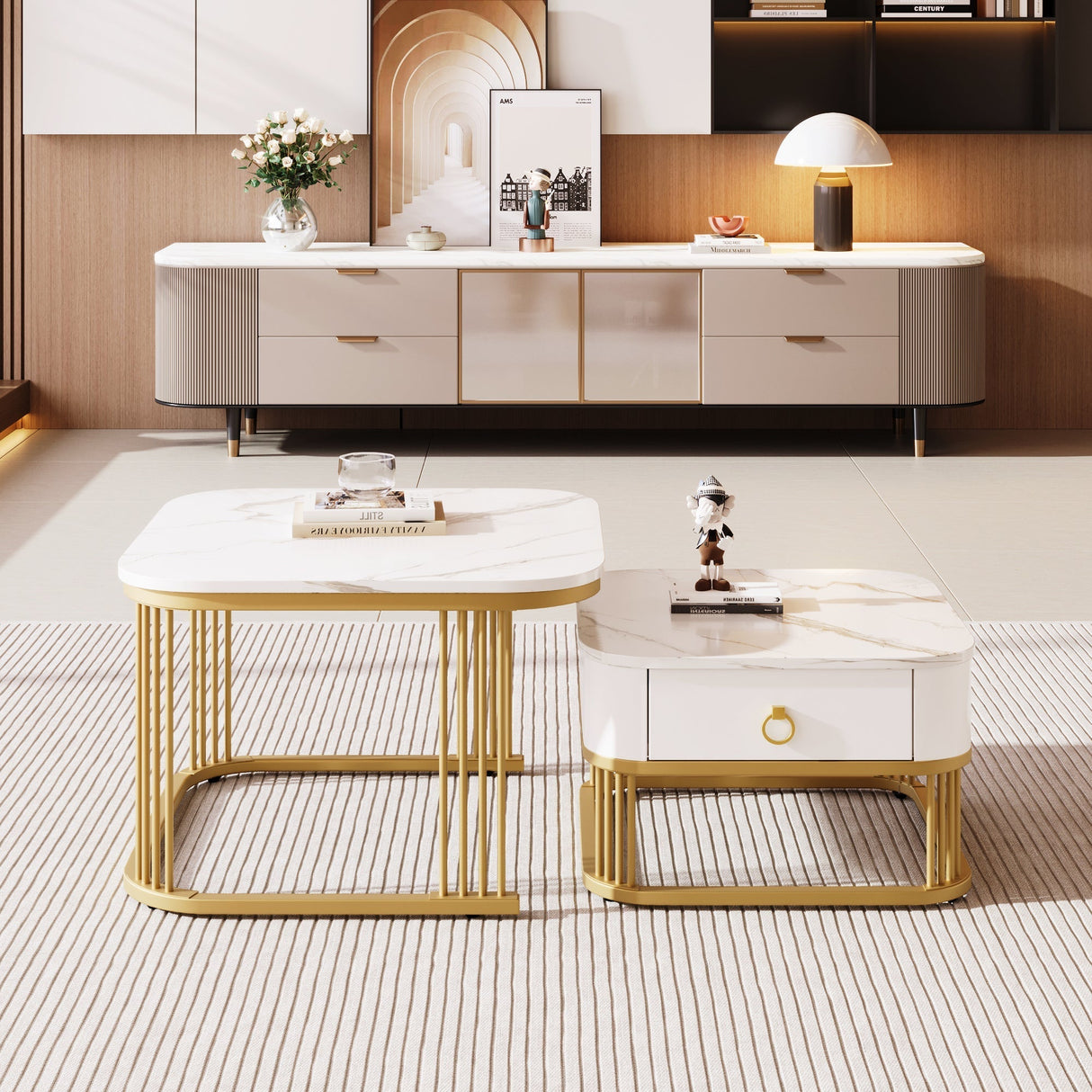 Nestable Coffee Table: High Gloss Marble Exterior, Gold Accents, Side Table with Drawer. Set of Two
