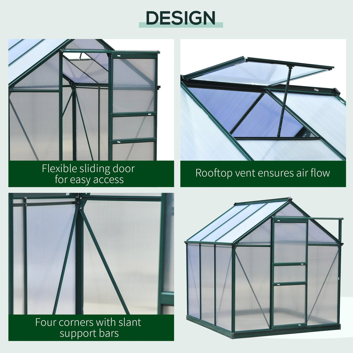 Polycarbonate Greenhouse, 6 x 6ft Walk-In with Slide Door and Window, Dark Green
