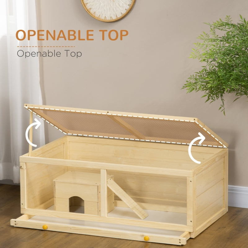 Wooden Hamster Cage with Sliding Tray, Openable Top, Hut, Natural Wood