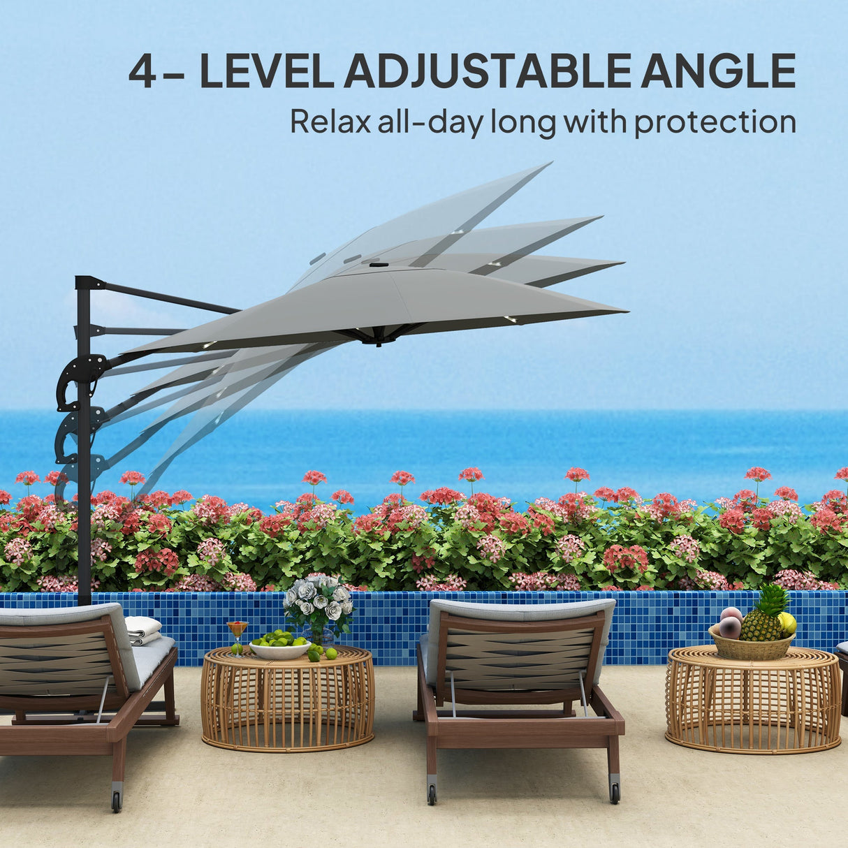 Cantilever Garden Parasol, Solar Powered Lights, Crank Handle, Cross Base, UPF 50+, 360?? Rotation, Dark Grey