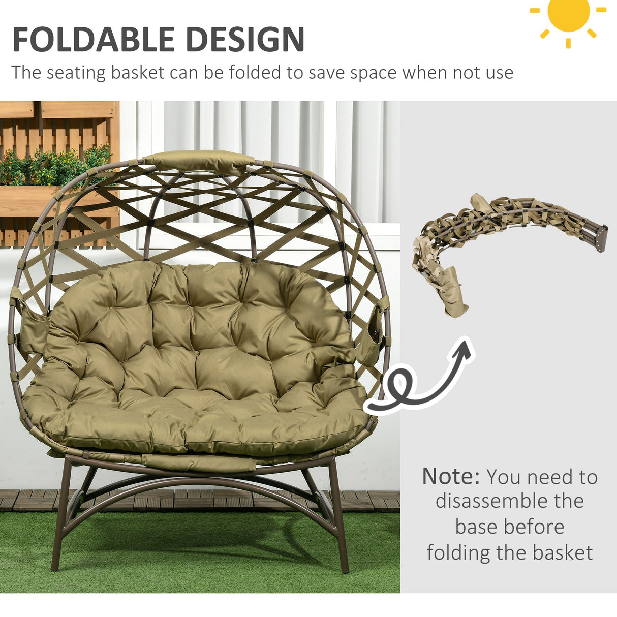 2 Seater Egg Chair Outdoor, Folding Weave Garden Furniture with Cushion, Khaki