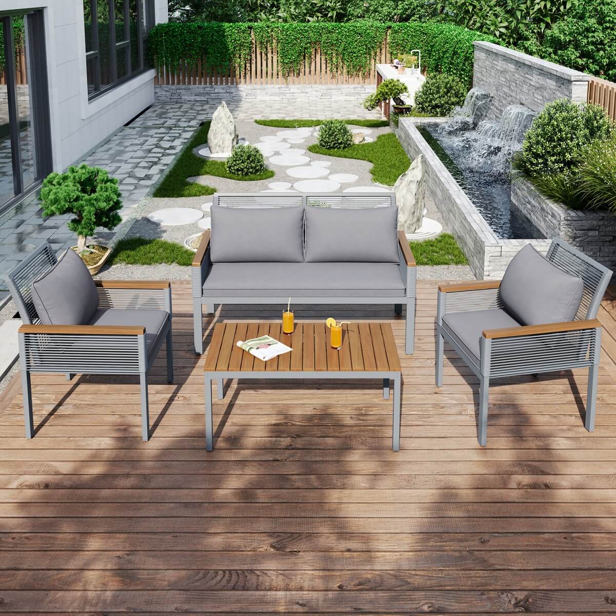 Garden Furniture Set with Cushions – Rattan Outdoor Lounge, Double Sofa, 2 Armchairs & Table