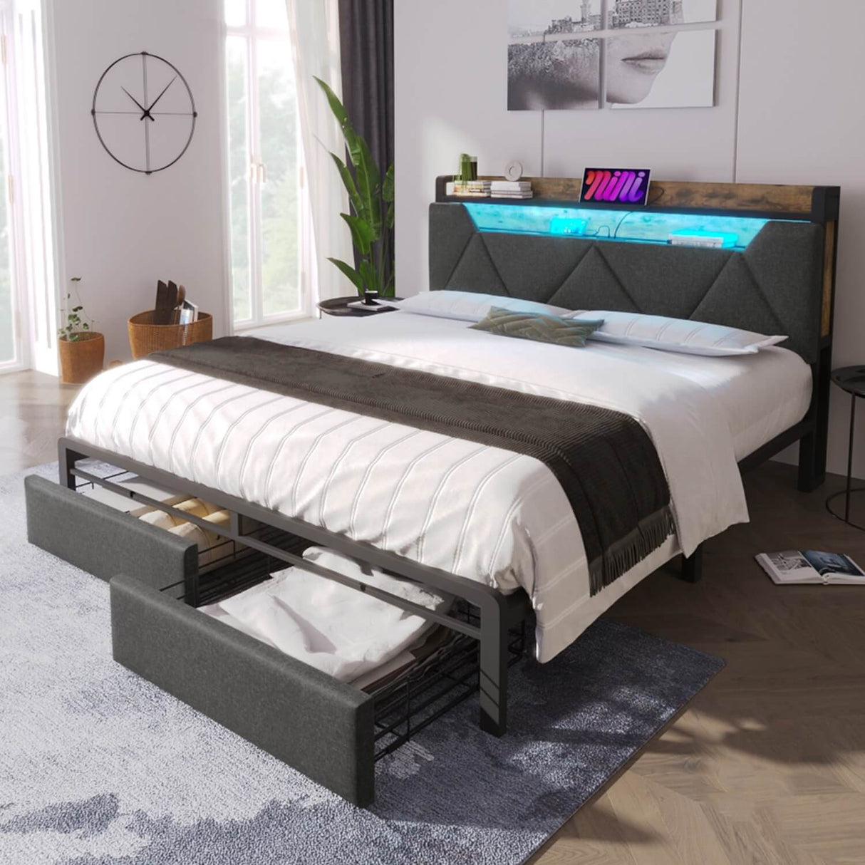 4FT6 Double Upholstered Storage Bed - LED Bed Frame with USB-C Charging & Storage Headboard