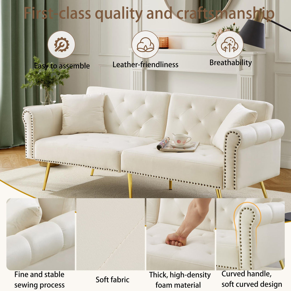 Modern 2-Seater Sofa Bed with 3-Stage Adjustable Backrest, Velvet