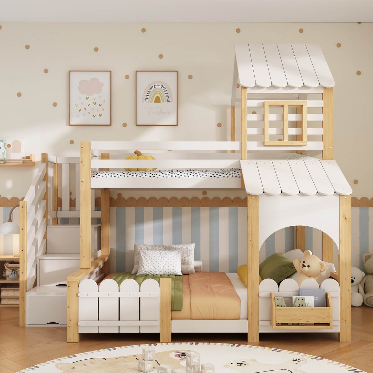 Single Over Double Triple Sleeper Bunk Bed with Storage Stairs - Kids House Bed with Roof and Safety Rails, White and Wood Effect, 90x190cm and 135x190cm